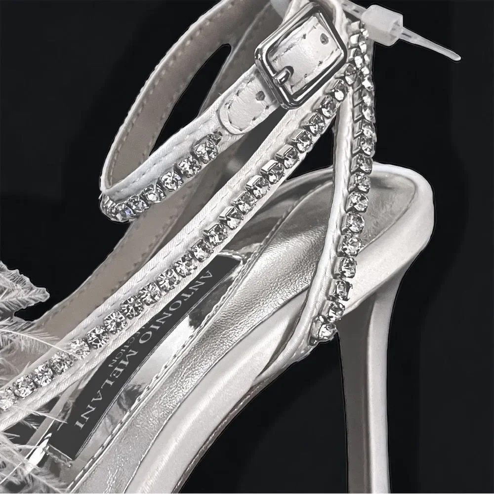 Antonio Melani AURORA Feathered Dress Sandal Rhinestones Ankle Wrap Strap